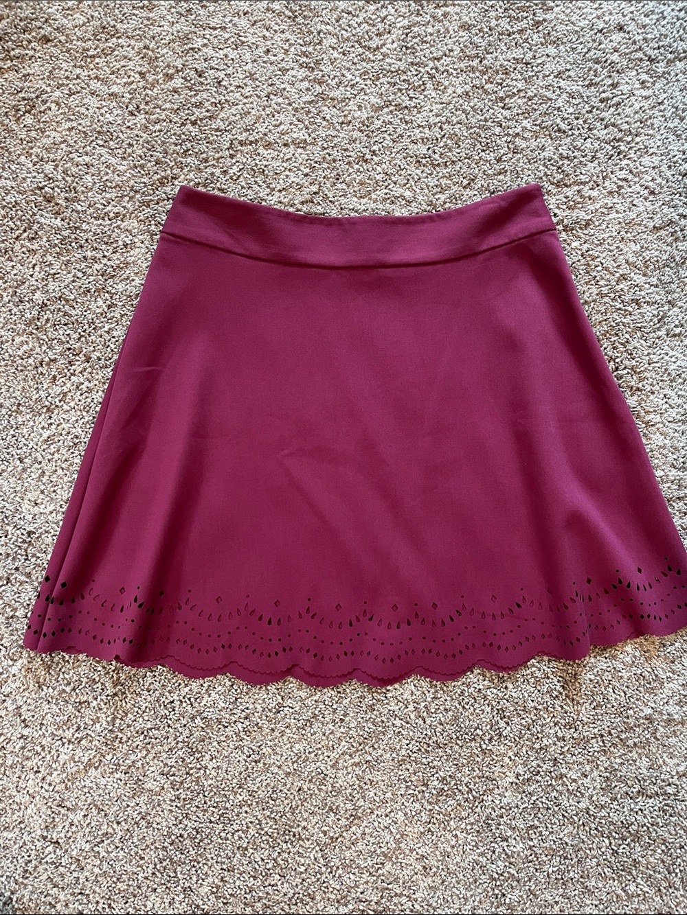 LOFT Scalloped Laser-Cut Skater Skirt in Berry